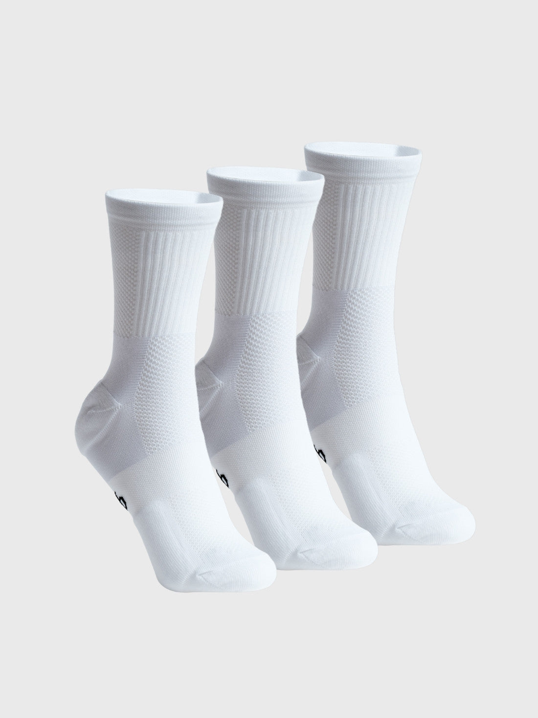 Three-pack bundle of white POP Running Co performance crew socks, ideal for daily training and long-distance running.